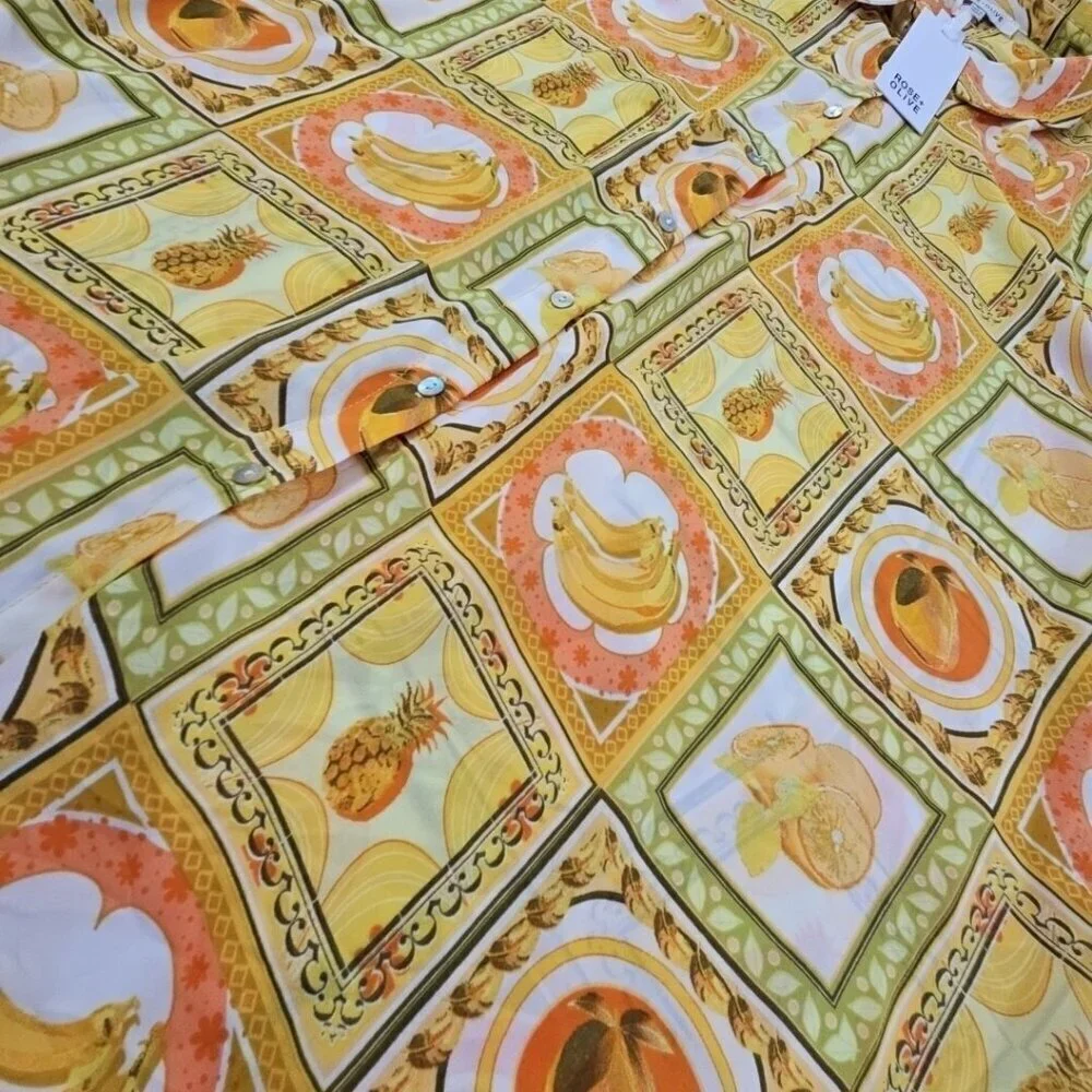 Rose + Olive Top Women's 1X Tropical Fruit Motif Yellow 3/4 Sleeve NWT Old Money